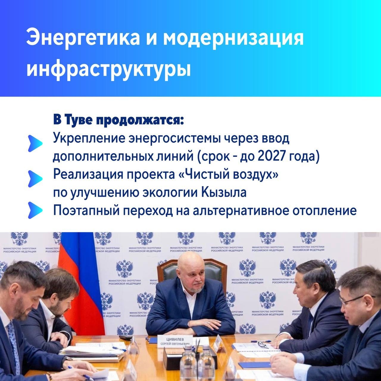 По итогам рабочей поездки и личным встречам с руководителями федеральных ведомств Главы Тувы Владислава Ховалыга в Москве определены направления развития республики. Ключевые договоренности и перспективы – в наших карточках: от модернизации инфраструктуры