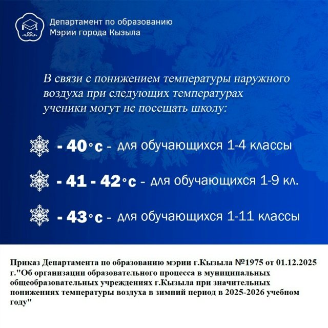 В столице Тувы Кызыле с утра -40°С, не учатся 1-4 классы